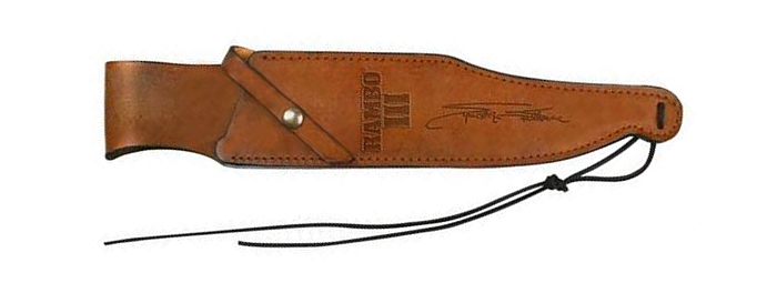 Die braune Leder-Scheide mit Unterschrift von Sylvester Stallone